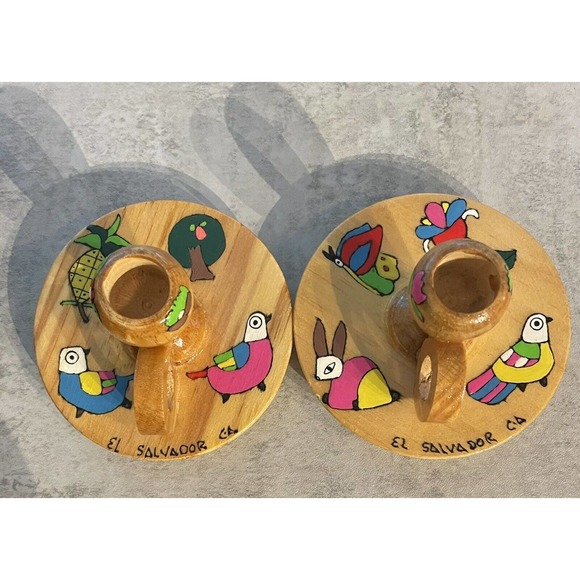 2 - Small Colorful Wooden Candle Stick Holders Made In EL Salvador - Picture 5 of 13